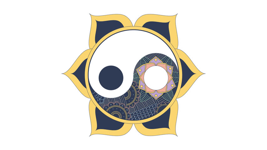 Yin yang mandala with sacred geometry 2D animation. Taoism. Spiritual balance, harmony in Eastern philosophy yinyang animated object cartoon flat concept metaphor 4K video isolated on white