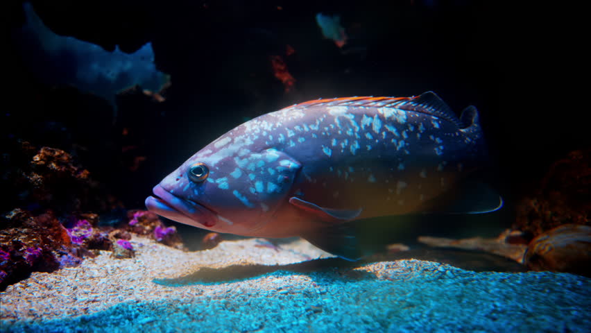 Close up of a Grouper fish swimming near coral reefs