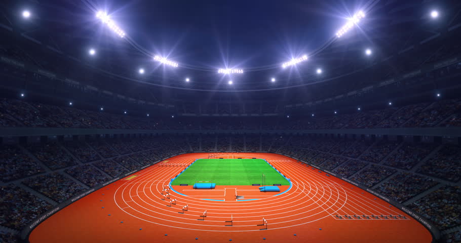Glorious athletic running track ready for epic sports event in a stadium full of thrilled fans, professional athletic 4k animation as endless loop background.