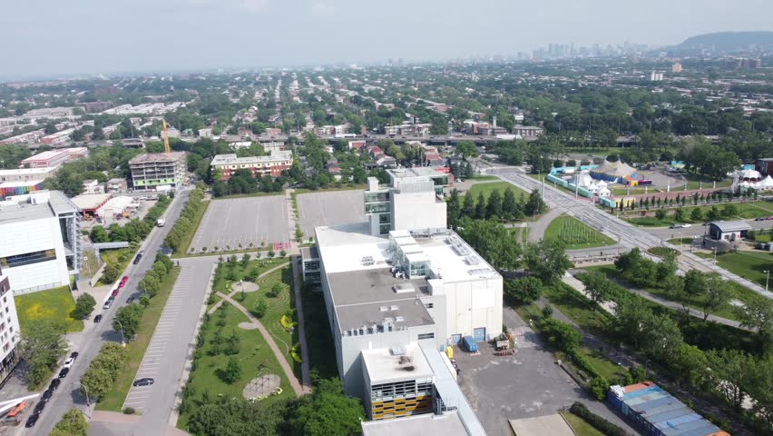 Aerial view of Montreal skyline and Mont Royal in distance