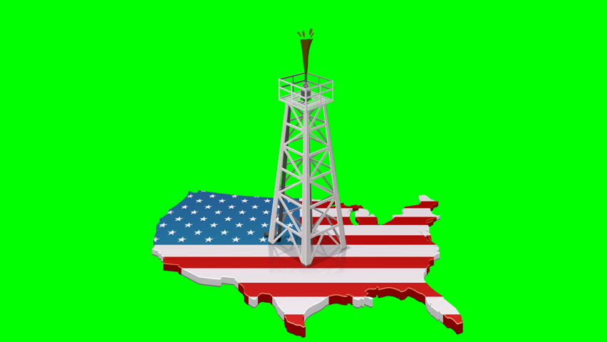 Animation loop of a metallic oil well with a geyser of hydrocarbons coming out of the wellhead placed on the map of the USA in the colors of the American flag with a green screen background with alpha