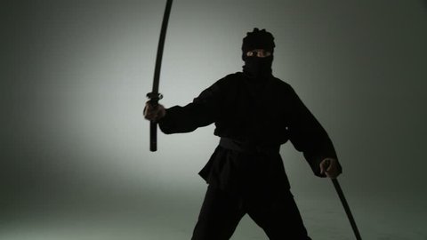 Masked ninja assassin unsheathes a sword and turns to face the viewer.
