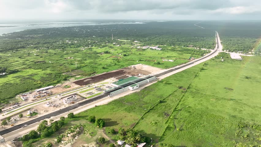 Mayan train rail track construction through the jungle, wildlife corridors, Quintana Roo, Drone shot