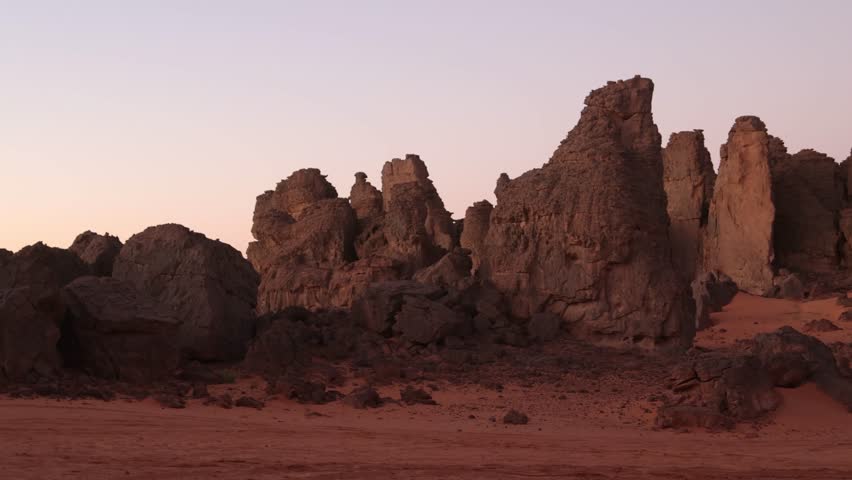 Tassilli N'ajer National Park sandstone rock formation at sunset , martian landscape in Sahara desert
