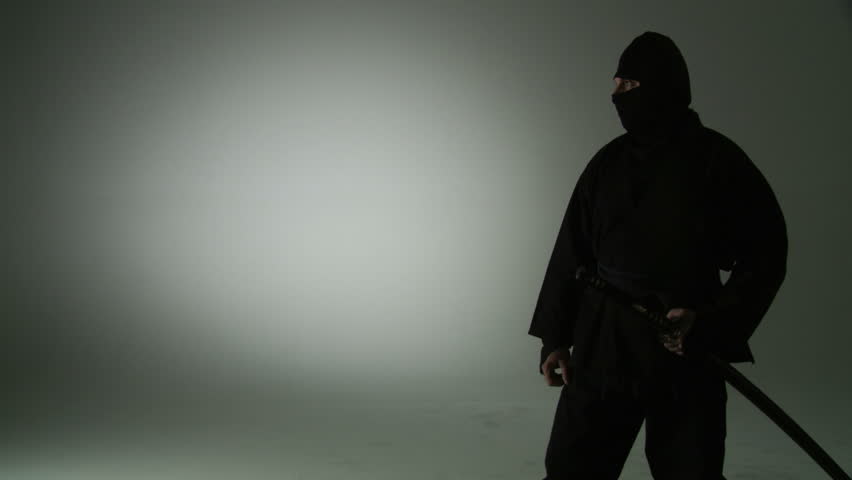 Masked ninja assassin unsheathes a sword in profile, spins it, then re-sheates