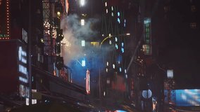 A night street with bars, restaurants, dance clubs, strip bars, casinos and other entertainment venues, where brightly colored spotlights shine and neon signs attract visitors and advertising is shown - Powered by Shutterstock - Get 15% off with code: PIKWIZARD15