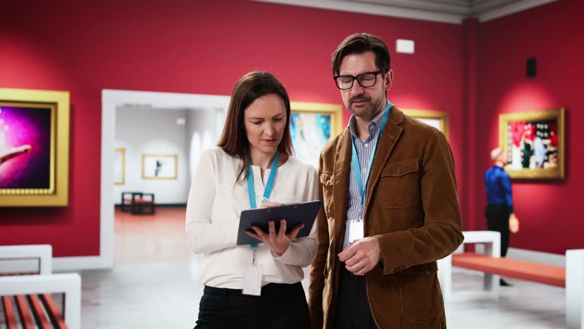 Fine Art Gallery Auction. Museum Manager Worker And Artist Talking