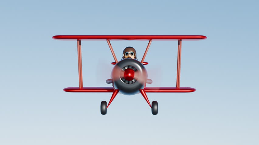 Red cartoon biplane flying in clear sky