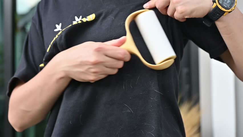 Footage of woman using a lint rollers for removing cat hairs on her cloth. The device facilitates the removal of lint or other small fibers from most materials such as clothing and linen.