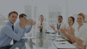 Diverse business team clapping in office with binary code animation overlay. Teamwork, collaboration, success, technology, innovation, diversity - Powered by Shutterstock - Get 15% off with code: PIKWIZARD15