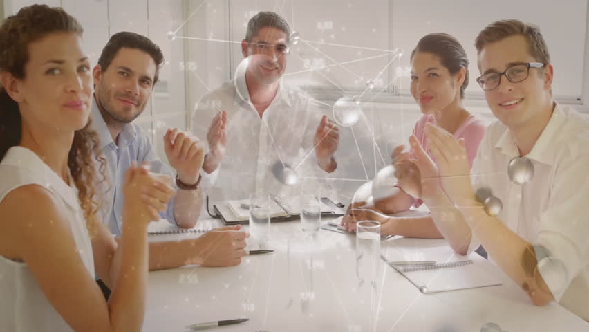 Clapping business team with network connections and data processing animation overlay. Collaboration, teamwork, success, innovation, technology, digital - Powered by Shutterstock - Get 15% off with code: PIKWIZARD15