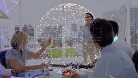 In conference room, diverse team discussing with digital network icons overlaying animation. Business, teamwork, innovation, technology, collaboration, communication - Powered by Shutterstock - Get 15% off with code: PIKWIZARD15