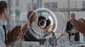 Applauding in business meeting, diverse team with digital animation overlay. Teamwork, collaboration, technology, innovation, diversity, success - Powered by Shutterstock - Get 15% off with code: PIKWIZARD15