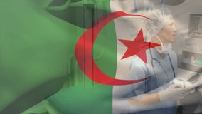 Discussing in hospital, medical professionals with Algerian flag overlay in animation. Healthcare, discussion, teamwork, diversity, collaboration, nation - Powered by Shutterstock - Get 15% off with code: PIKWIZARD15