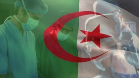 Algerian flag overlaying animation of medical professionals performing surgery in hospital. Healthcare, operation, teamwork, doctors, medicine, collaboration - Powered by Shutterstock - Get 15% off with code: PIKWIZARD15