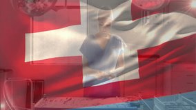 In hospital, healthcare professional wearing surgical attire with Swiss flag overlay. Medical, doctor, surgery, international - Powered by Shutterstock - Get 15% off with code: PIKWIZARD15