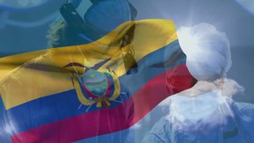 Healthcare professionals in protective gear with Ecuadorian flag animation overlay. Medical, protection, pandemic, safety, crisis, teamwork - Powered by Shutterstock - Get 15% off with code: PIKWIZARD15