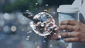 Holding smartphone and coffee cup, person viewing digital globe with animation data. Technology, innovation, communication, connectivity, analytics, network - Powered by Shutterstock - Get 15% off with code: PIKWIZARD15