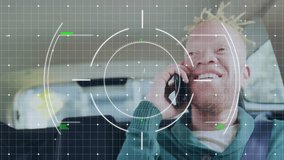 Talking on smartphone, man interacting with animation of data analysis overlay. Technology, communication, analytics, business, interface, innovation - Powered by Shutterstock - Get 15% off with code: PIKWIZARD15