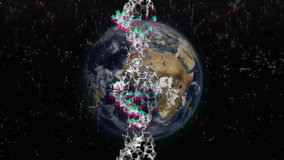 DNA strand and binary coding, scientific data processing animation over Earth. Biotechnology, bioinformatics, genetics, digital, innovation, global - Powered by Shutterstock - Get 15% off with code: PIKWIZARD15
