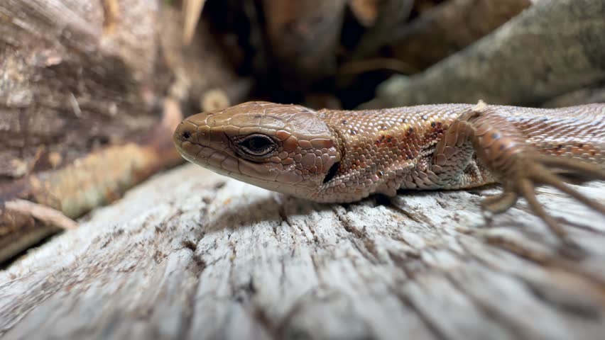 Close-up of Common lizard (Zootoca vivipara) on a piece of wood.