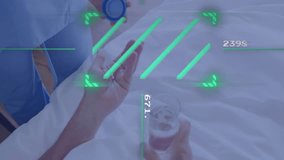 Drinking water, elderly person with futuristic data overlay in background. Innovation, technology, augmented reality, hydration, wellness, health - Powered by Shutterstock - Get 15% off with code: PIKWIZARD15