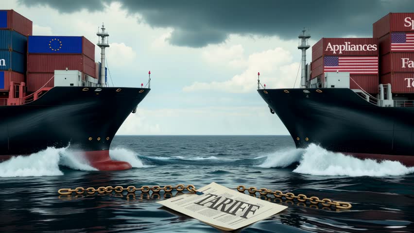 Two cargo ships carrying goods from the usa and european union face off, separated by tariffs, symbolizing trade war. 3D Illustration