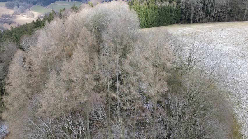 Drone winter view captured in flight at Kostenz, Perasdorf, Straubing-Bogen, Bavarian forest, Bavaria, Germany