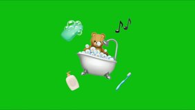 Cute teddy bear animation taking a bubble bath with soap, toothbrush, and lotion on a green screen - Powered by Shutterstock - Get 15% off with code: PIKWIZARD15