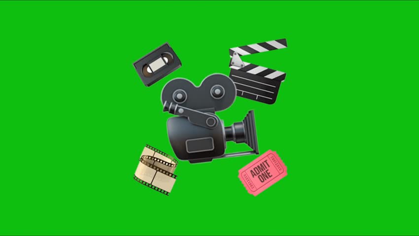 Vintage film camera with clapperboard, VHS tape, movie ticket, and film reel on a green screen background. Perfect for editing, filmmaking themes, and video production projects