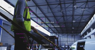 Person in warehouse using VR headset with coding animation overlay. Technology, innovation, industry, virtual reality, programming, futuristic - Powered by Shutterstock - Get 15% off with code: PIKWIZARD15