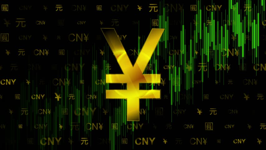 Chart of the growth of the Chinese stock market and the Chinese Yuan. Various golden icons, symbols and hieroglyphs. Seamless looping motion design. Video animation Ultra HD 4K 3840x2160
