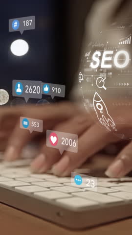Businesswoman uses computer analyze SEO Search Engine optimization, advertising, communication, digital, business, marketing, technology, digital marketing, online, goals, ads, website, social media,