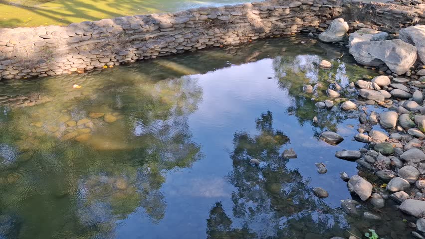 Lake in the park, rocks, trees, sky view