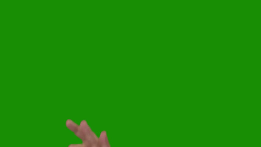 Green background (Chroma Key). Men's hand in a white shirt is showing the sign