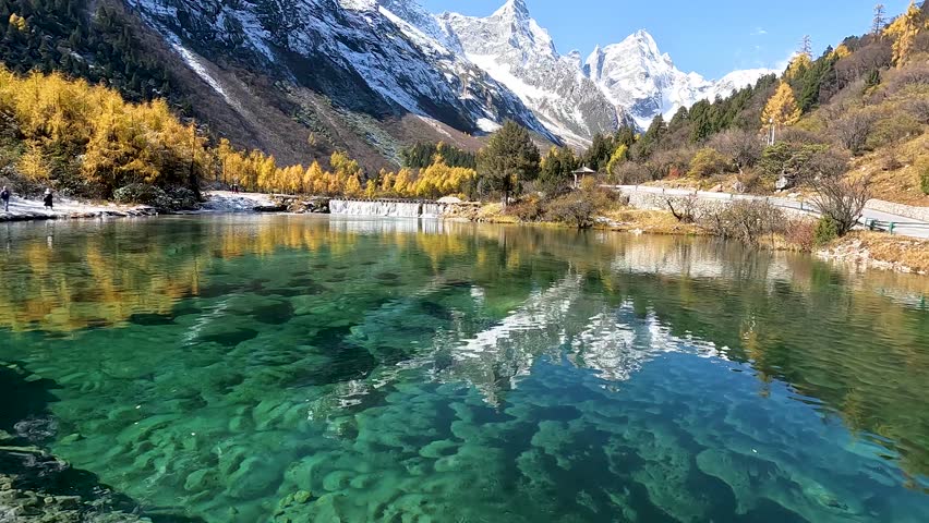 Landscape Bipenggou Valley - Most Beautiful Panyang Lake or Argali Lake and Yellow Tree with Snow Mountain  in Mount Bipenggou National Park in Xiaojin Sichuan Province China - Stable Footage Autumn