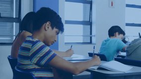 In school, students in classroom with digital network connections animation overlay. Education, technology, connectivity, learning, innovation, futuristic - Powered by Shutterstock - Get 15% off with code: PIKWIZARD15