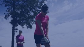 Golfer swinging club with data processing animation over blue sky background. sports, technology, digital, recreation, outdoors, athletic - Powered by Shutterstock - Get 15% off with code: PIKWIZARD15