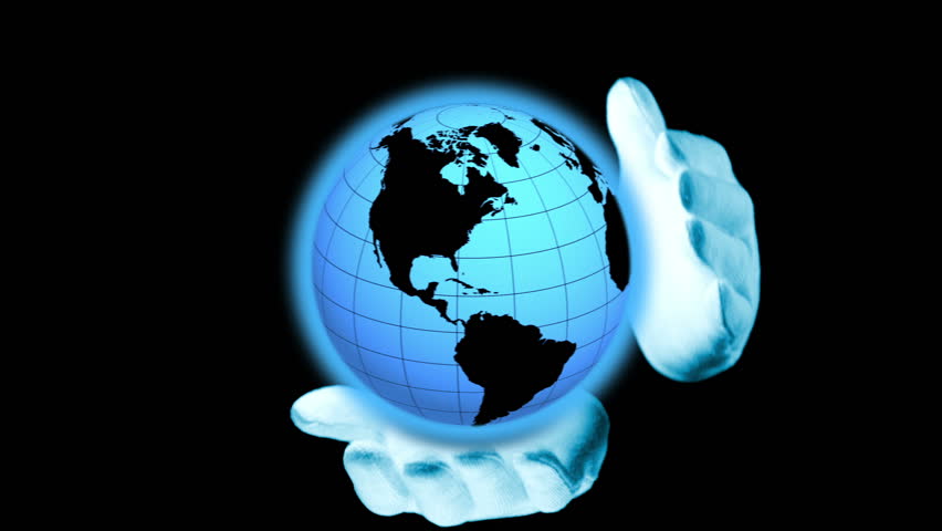 The black background. Stylized earth rotates on a white-gloved hands. There is