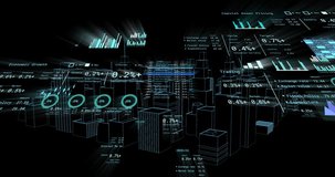 Financial data and graphs overlaying futuristic cityscape with animation elements. Technology, innovation, finance, analytics, future, digital - Powered by Shutterstock - Get 15% off with code: PIKWIZARD15