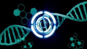 Digital interface processing data with animated DNA strand in futuristic setting. Technology, biotechnology, genetics, innovation, science, data analysis - Powered by Shutterstock - Get 15% off with code: PIKWIZARD15