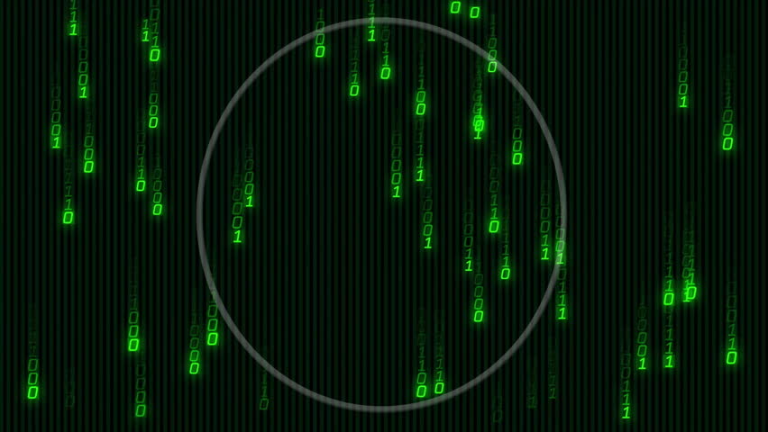 Animation of green binary code and glowing circle on digital matrix background. technology, virtual, cyberspace, coding, data, futuristic