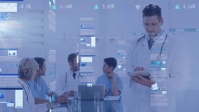 Discussing data, medical professionals analyzing digital charts with animation overlays. Doctors, technology, analytics, innovation, healthcare, research - Powered by Shutterstock - Get 15% off with code: PIKWIZARD15
