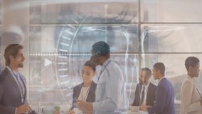 Networking at conference, business professionals with digital biometric overlay animation. technology, innovation, collaboration, biometrics, communication - Powered by Shutterstock - Get 15% off with code: PIKWIZARD15