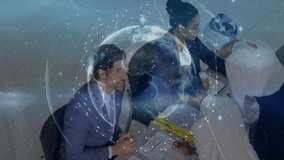 Business team collaborating over digital globe and data network animation. Collaboration, innovation, teamwork, networking, global, technology - Powered by Shutterstock - Get 15% off with code: PIKWIZARD15