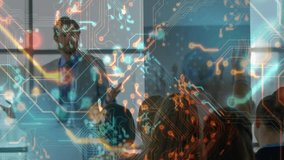 Business meeting with circuit board and data processing animation overlay. Technology, innovation, electronics, collaboration, teamwork, digital - Powered by Shutterstock - Get 15% off with code: PIKWIZARD15