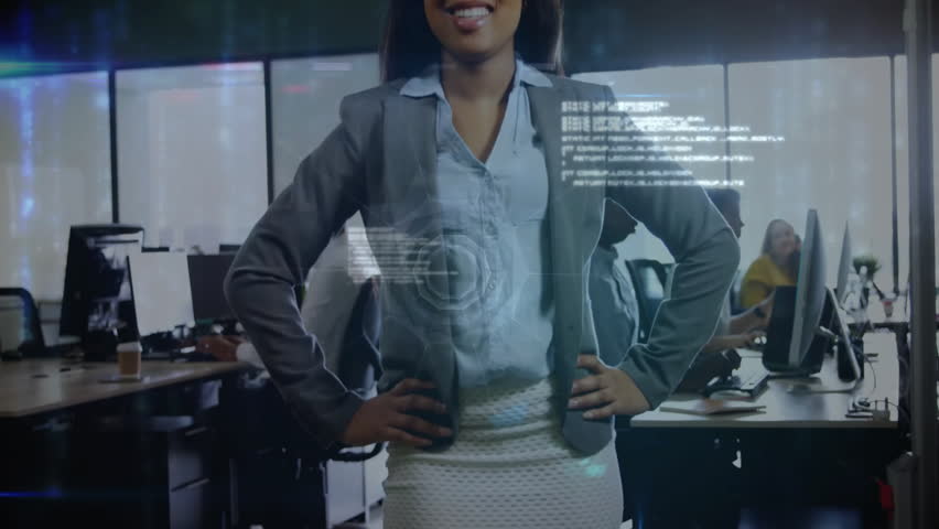 Smiling businesswoman in office with digital network connections overlay animation. professional, technology, innovation, connectivity, digital transformation, corporate - Powered by Shutterstock - Get 15% off with code: PIKWIZARD15