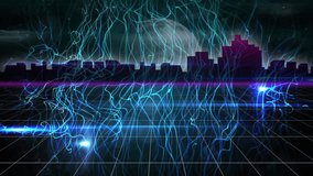 Neon lines forming animation grid pattern over city skyline at night. futuristic, technology, urban, cityscape, vibrant, glowing - Powered by Shutterstock - Get 15% off with code: PIKWIZARD15
