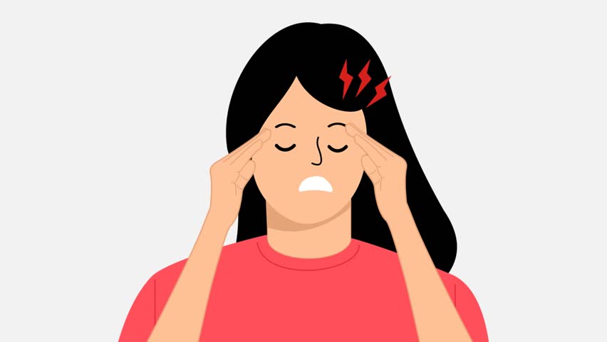 dizzy woman with throbbing head. female suffering from headache