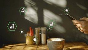 Digital globe and data animation over person using smartphone at table. Technology, communication, innovation, connectivity, network, internet - Powered by Shutterstock - Get 15% off with code: PIKWIZARD15